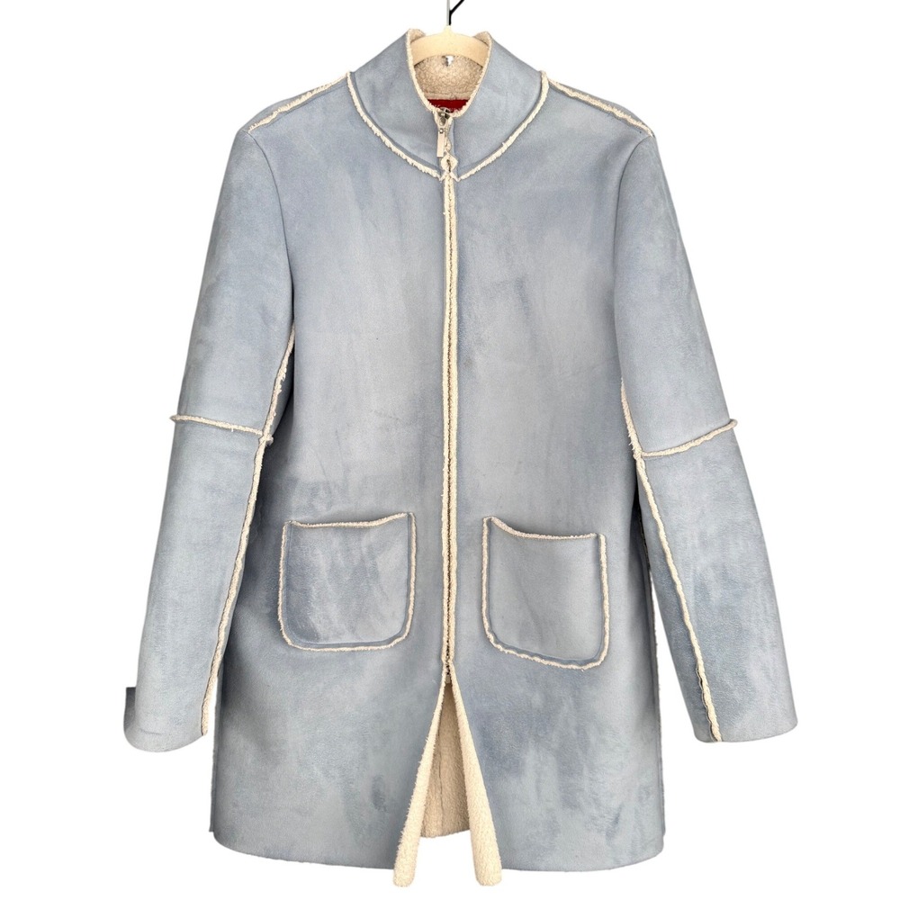 Anne Klein Womens Faux‎ Suede Sherpa Lined Full Zip Coat Blue Small RN 50610